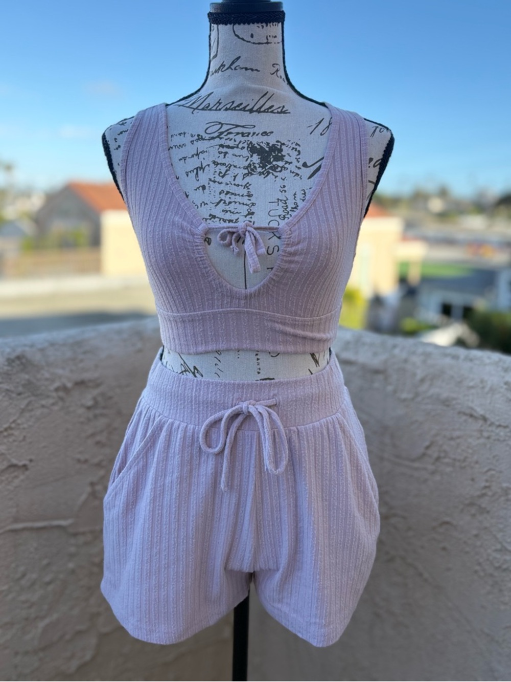 Garage lilac ribbed lounge crop top and shorts two-piece co-ord set size XS